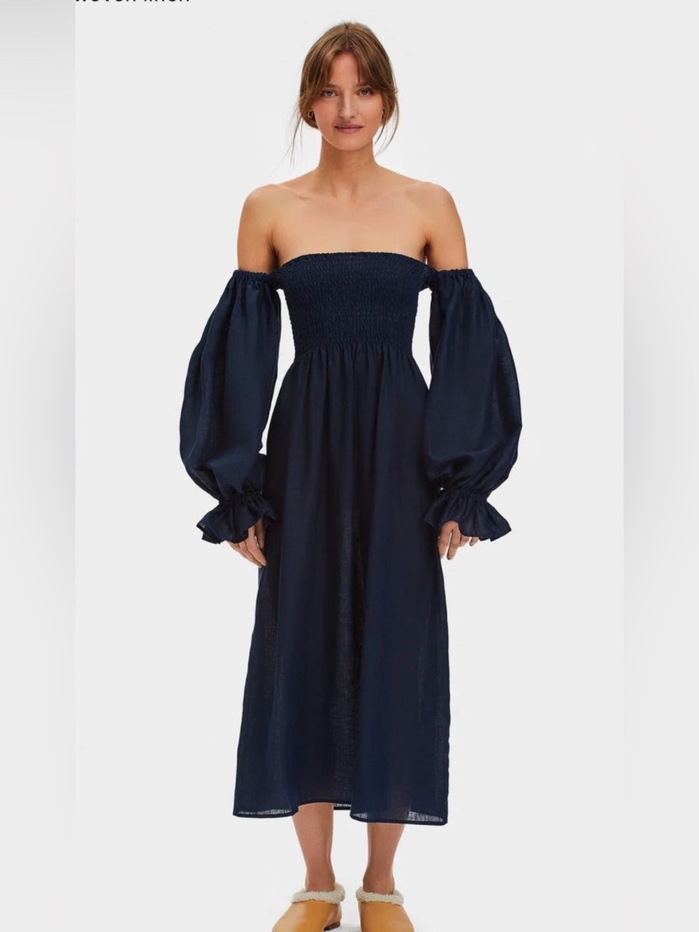 Sleeper Navy Off-Shoulder Smocked Midi Dress with Balloon Sleeves